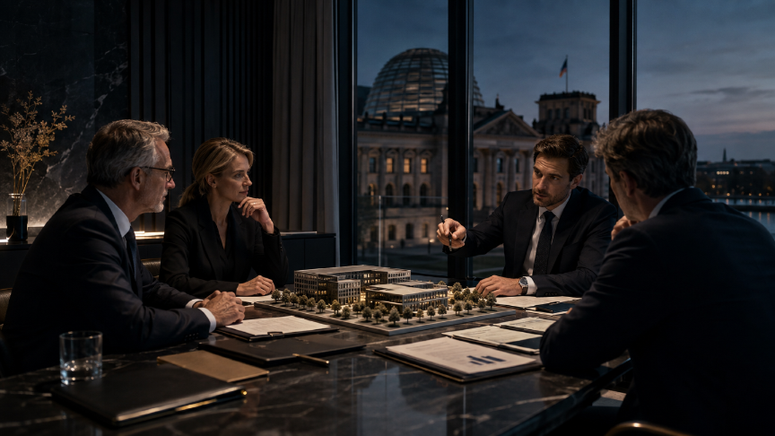 Besprechung zur Betriebsvermögensverschonung mit Ansicht auf den Bundestag.