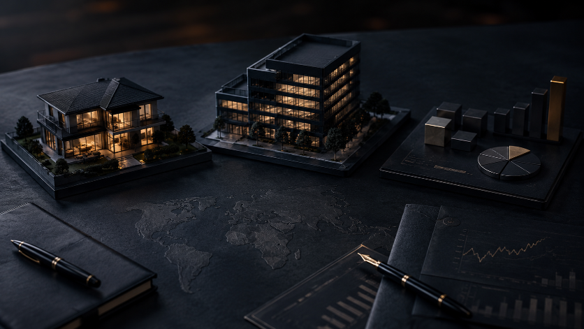 Modelle von Immobilien und Grafiken zur internationalen Diversifizierung.