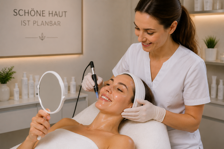 Eine Kosmetikerin führt eine Microneedling Behandlung durch.
