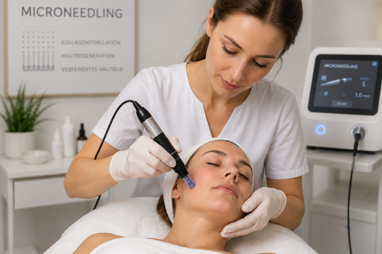 Eine Kosmetikerin führt eine Microneedling Behandlung bei einer Kundin durch.