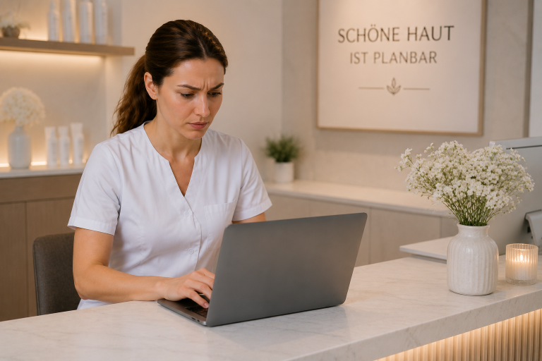 Kosmetikerin arbeitet am Computer und plant Microneedling Preise.