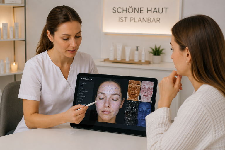 Kosmetikerin erklärt Microneedling Preise anhand eines Bildschirms.