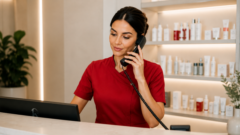Rezeptionistin am Telefon in einem Kosmetikstudio, das Haut-Experte Umsatz steigern möchte.