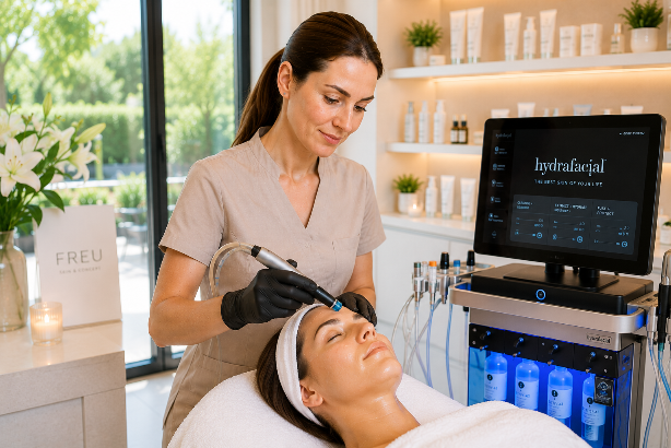 Eine Hautexpertin führt eine Hydrafacial-Behandlung zur Premium Positionierung durch.