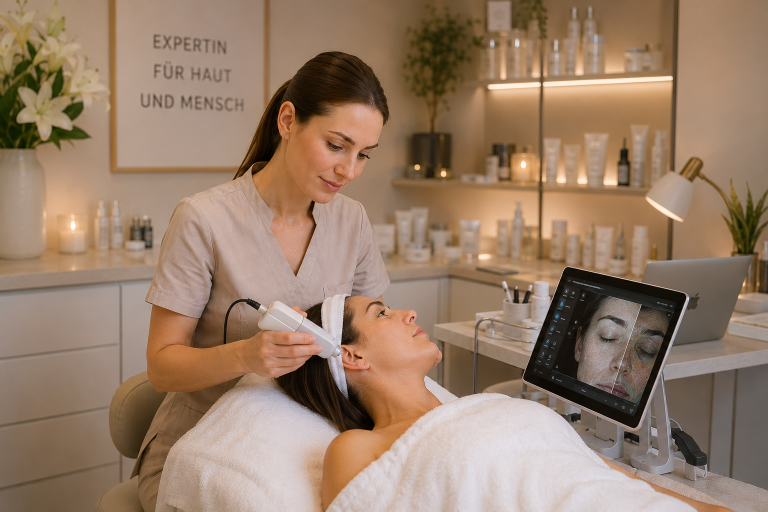Kosmetikerin führt eine Gesichtsbehandlung durch und erklärt die Preiskalkulation für Kosmetikerinnen.