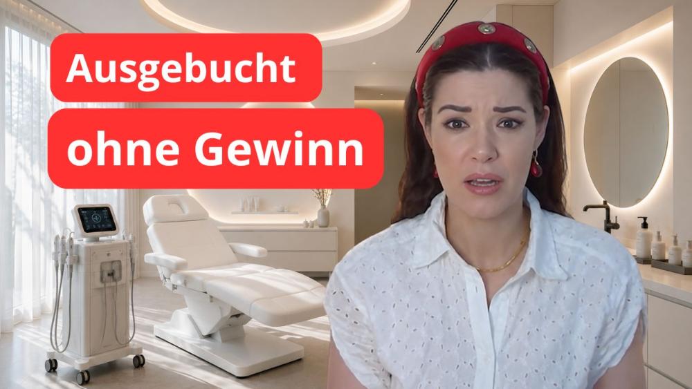 Eine besorgte Kosmetikerin steht in ihrem Studio, das voller Ausstattung ist, und klagt über die Preiskalkulation.