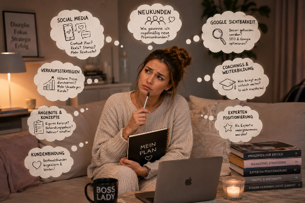 Eine nachdenkliche Frau mit Planbuch sitzt am Laptop und denkt über die Kostenfalle von Beauty Business Coaches nach.