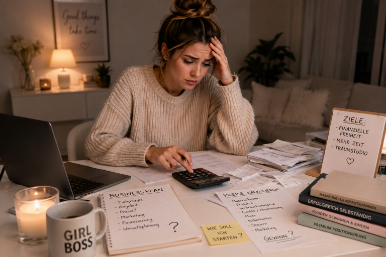 Frau arbeitet gestresst am Schreibtisch und denkt über die Kostenfalle beim Beauty Business Coaching nach.