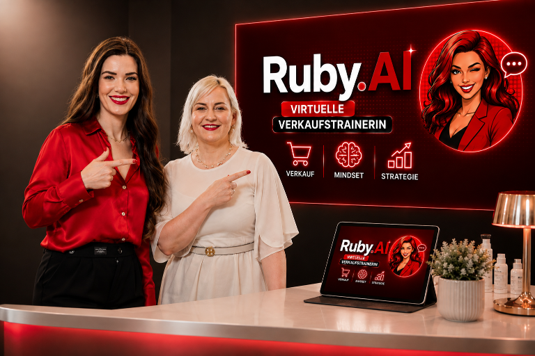 Zwei Frauen zeigen auf Ruby.AI, die virtuelle Verkaufstrainerin für die Beautybranche.