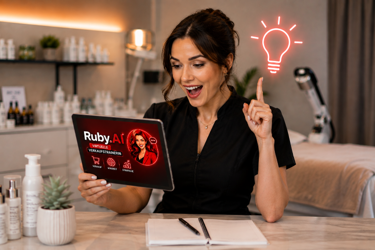 Eine Frau im Beauty-Studio nutzt Ruby.AI, ihren virtuellen Verkaufscoach.