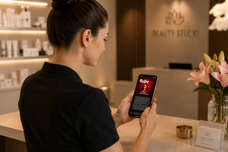 Eine Kosmetikerin nutzt eine virtuelle Verkaufstrainerin im Beauty Studio auf ihrem Smartphone.