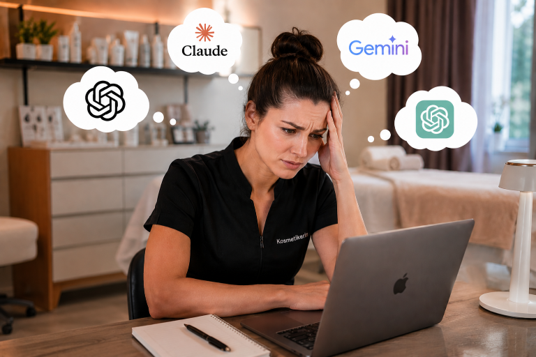 Eine gestresste Kosmetikerin sieht auf ihren Laptop, denkt an Ruby.AI.