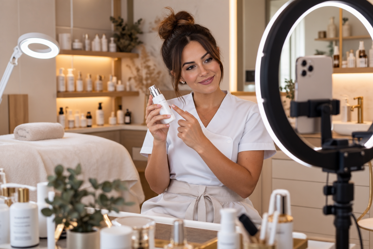 Kosmetikerin präsentiert Produkt für Instagram im Studio.