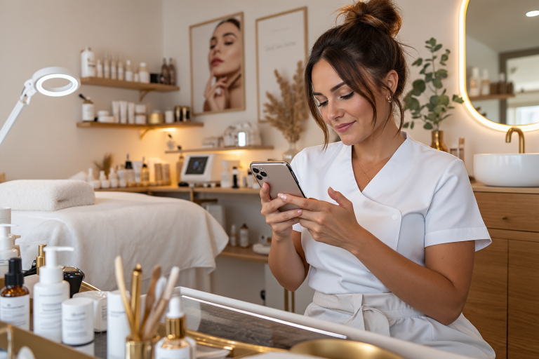 Kosmetikerin plant Instagram-Inhalte auf ihrem Smartphone in einem stilvollen Studio.