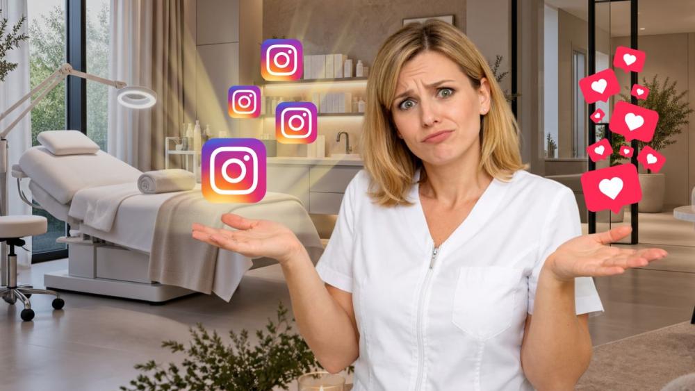 Kosmetikerin zeigt ihren Instagram Content-Plan mit Unsicherheit.