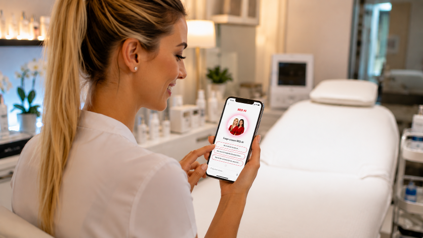 Kosmetikerin mit Smartphone nutzt RED.AI zur Kundenberatung.