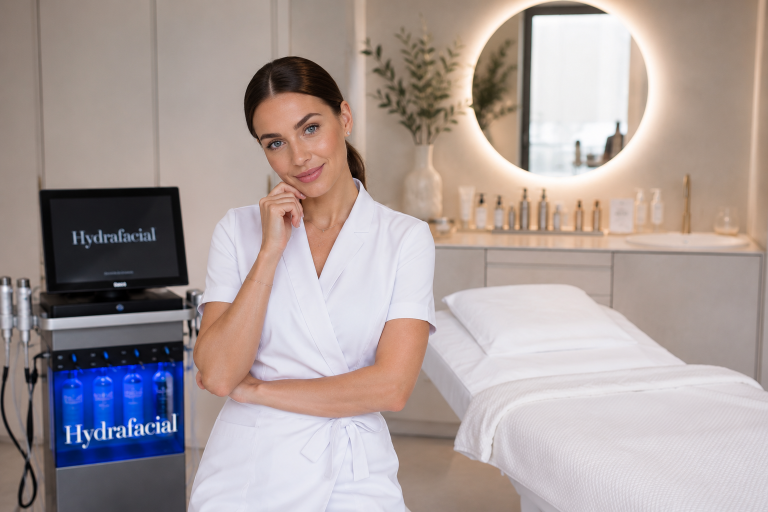Kosmetikerin im Kosmetikstudio zeigt Hydrafacial-Gerät zur Umsatzsteigerung.
