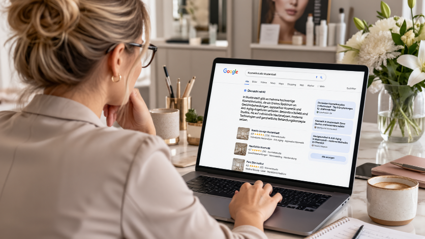 Eine Nutzerin am Laptop betrachtet die Google-Suchergebnisse zur Künstlichen Intelligenz im Kosmetikstudio.