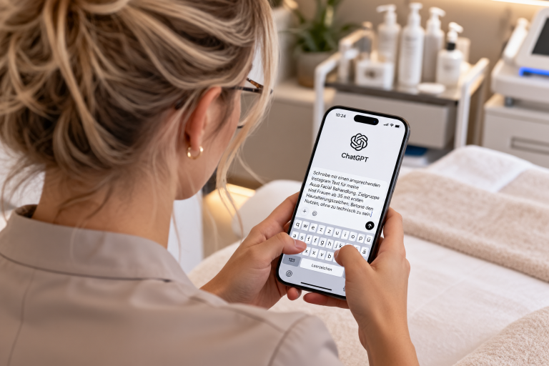 Eine Kosmetikerin nutzt Künstliche Intelligenz im Kosmetikstudio auf ihrem Smartphone.
