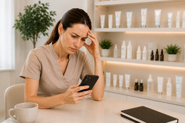 Eine besorgte Kosmetikerin schaut auf ihr Handy, Umsatz steigern Kosmetiktudio.