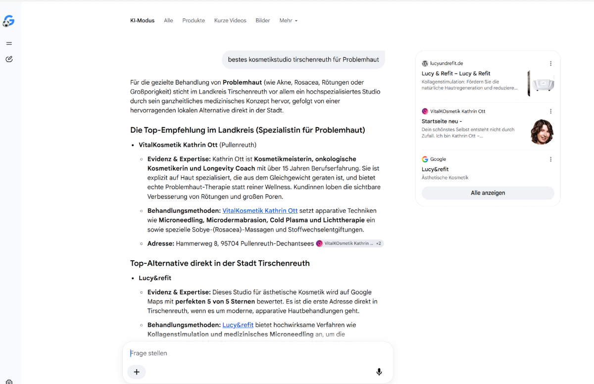 TOP-Anbieter Status für Kosmetikstudio: Wenn Google KI Modus dich im Landkreis als besten Anbieter empfiehlt
