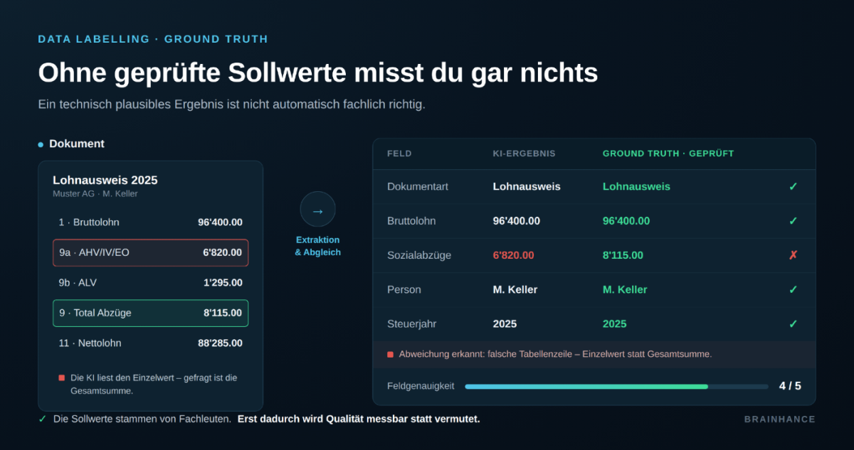 Ein Lohnausweis zeigt geprüfte Sollwerte und deren Kategorisierung als Testdaten.