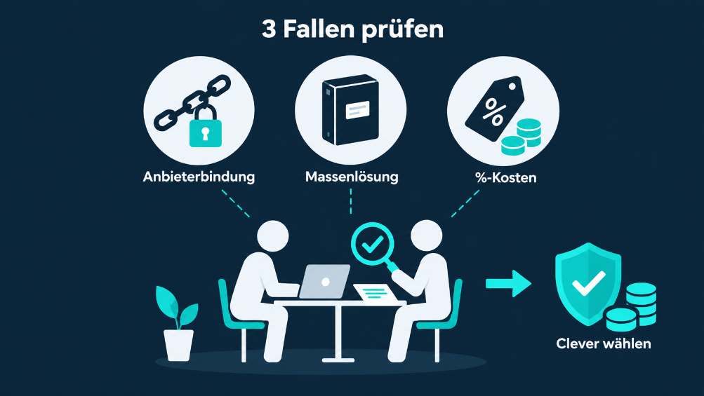 Drei Fallen bei der automatisierten Buchhaltung prüfen: Anbieterbindung, Massennlösung, Kosten.