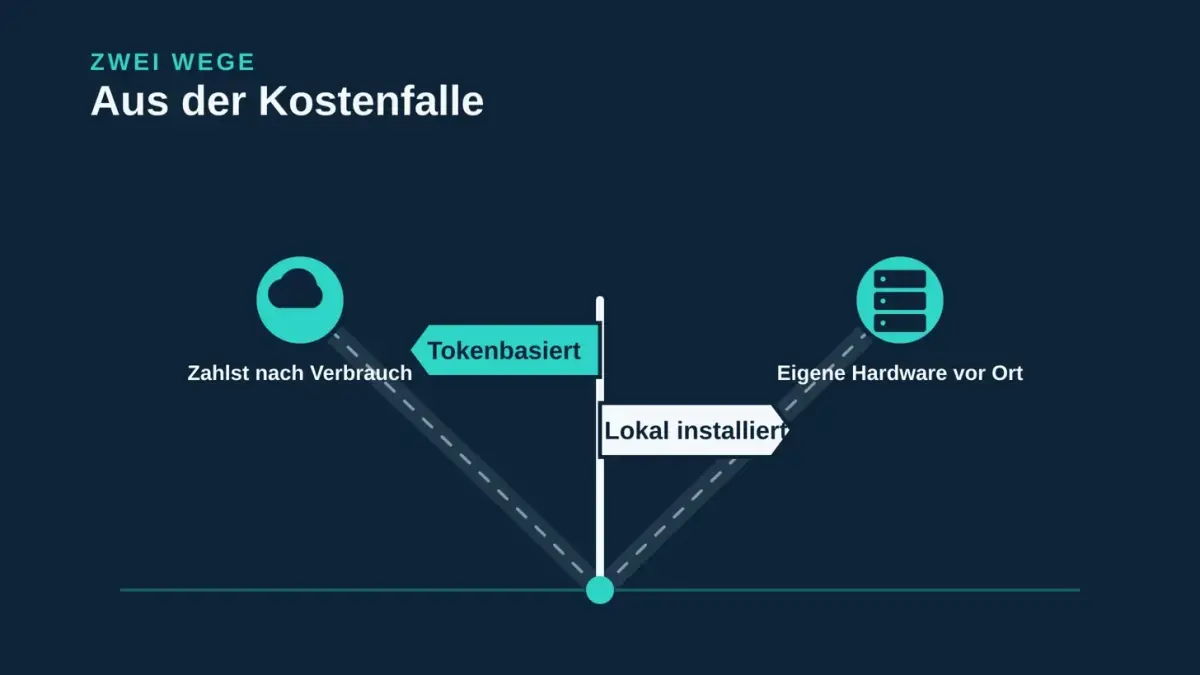 Darstellung der tokenbasierten Abrechnung und lokaler Installation als zwei Wege aus der Kostenfalle.