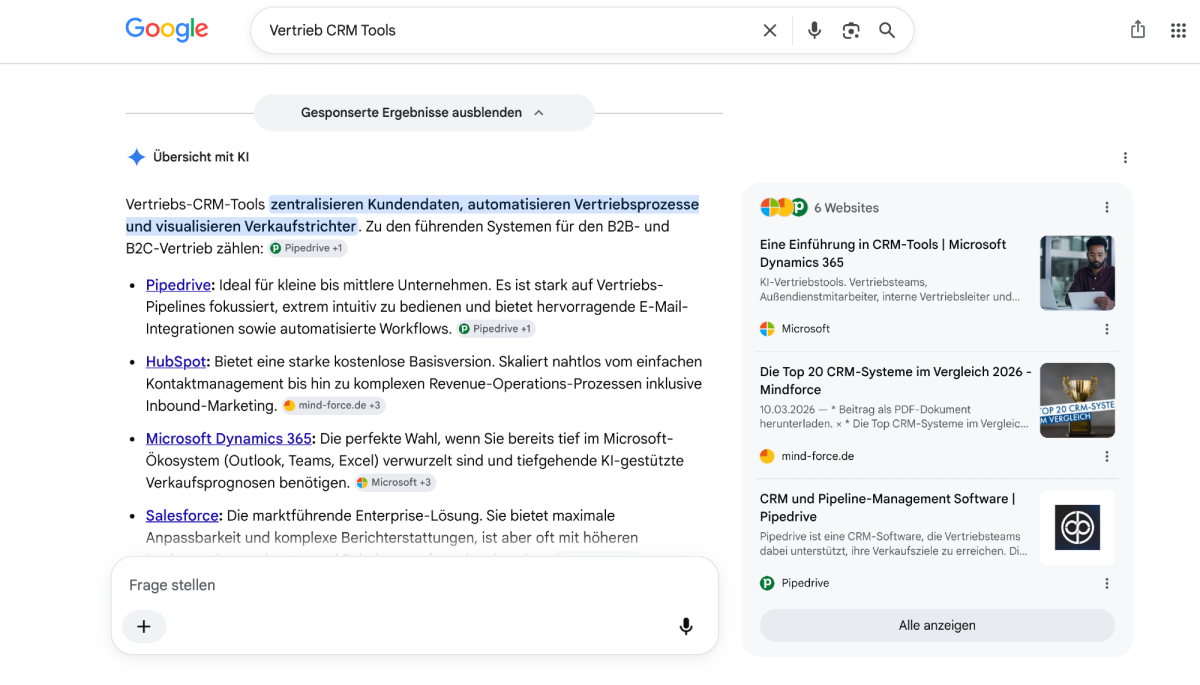 Screenshot einer Website mit CRM-Tools und Vertriebsprozessen.