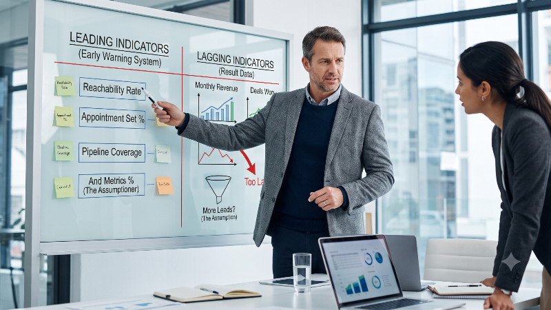 Mann präsentiert Vertriebs-KPIs und Leading Indicators in einem Meeting.