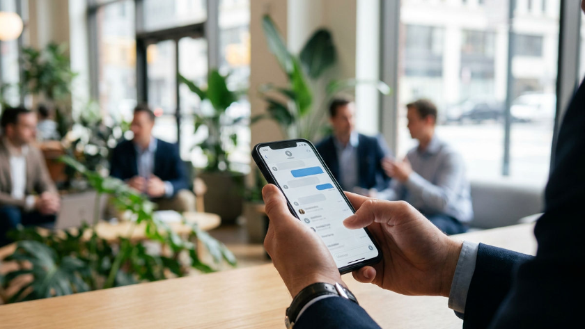 Ein Geschäftsmann nutzt sein Smartphone für den Speed-to-Lead Kontakt.