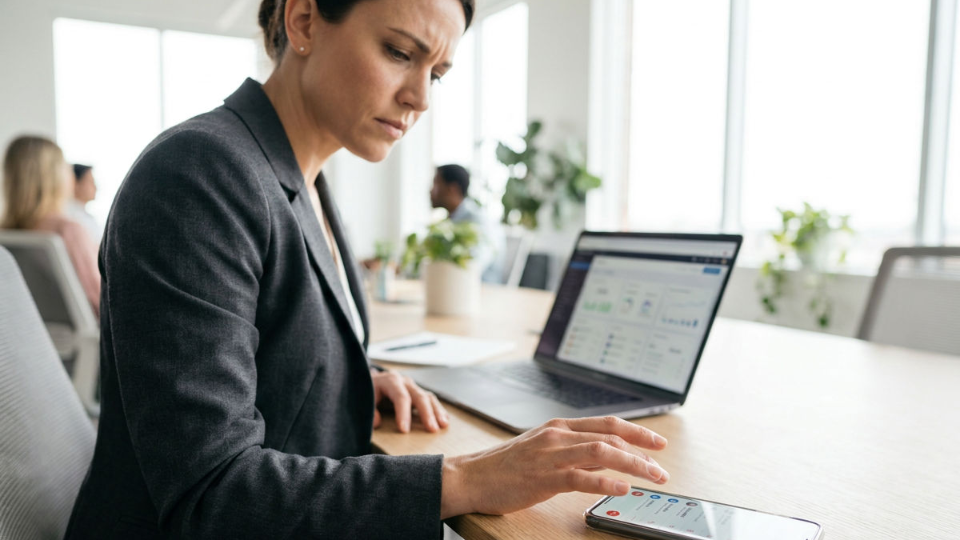 Eine Frau mit Smartphone am Büro, die sich auf Speed-to-Lead konzentriert.