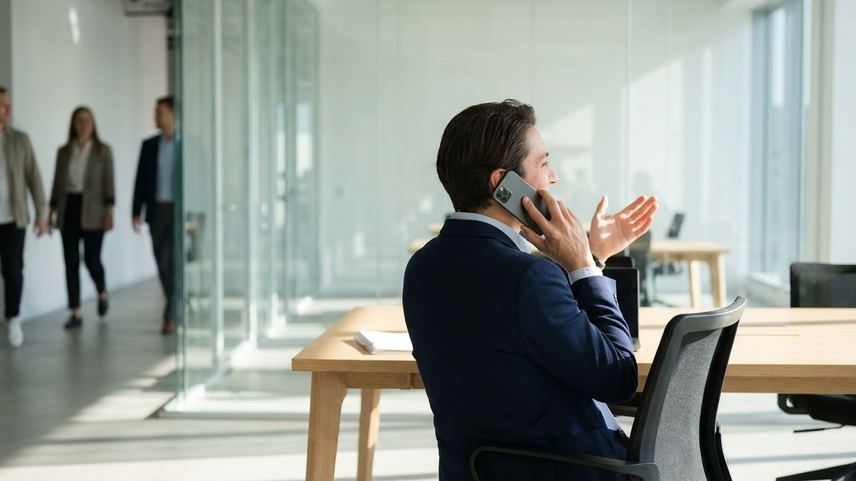 Ein Mann am Telefon im Büro, in einem Gespräch über Speed-to-Lead.