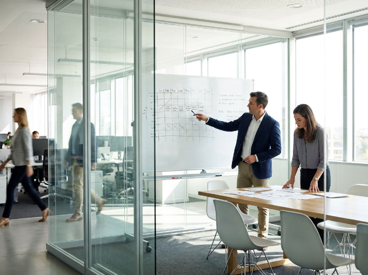 Zwei Personen diskutieren über B2B-Leads in einem modernen Büro.