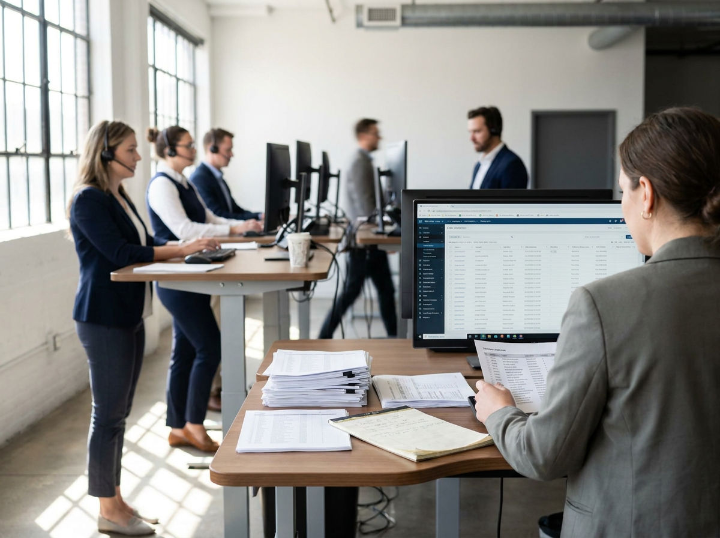 Mitarbeiter im Büro, die B2B-Leads aussortieren und analysieren.