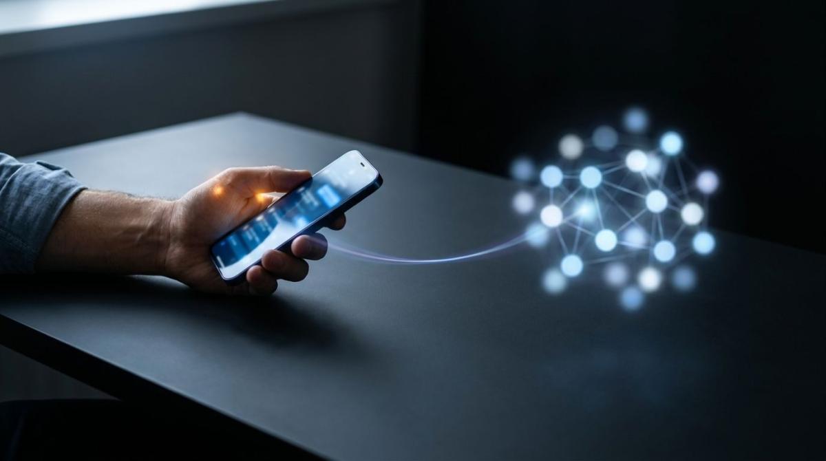 Ein Smartphone, das eine Verbindung zu KI im Vertrieb über WhatsApp und CRM zeigt.