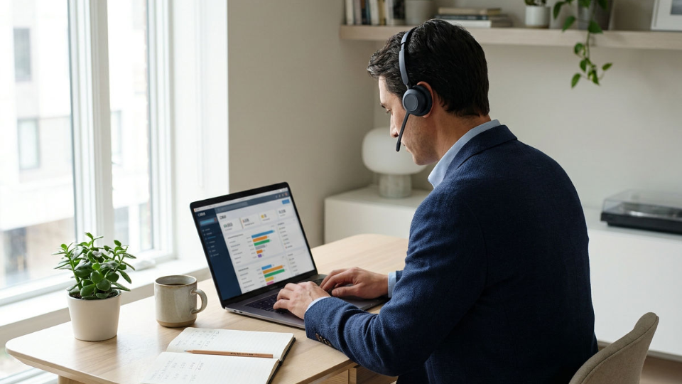 Mitarbeiter im Homeoffice arbeitet an einem Laptop zu Provisionsmodellen für B2B-Closer.