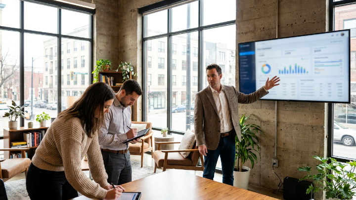 Präsentation zu Provisionsmodellen für B2B-Closer in einem modernen Büro.