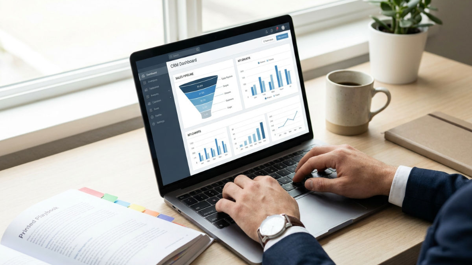 Analysen zum Sales Playbook auf einem Laptop mit Diagrammen und Grafiken.