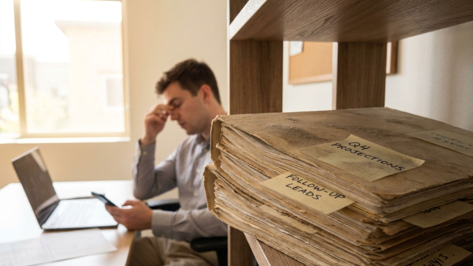Mann sitzt am Schreibtisch und arbeitet an seinem Sales Playbook.