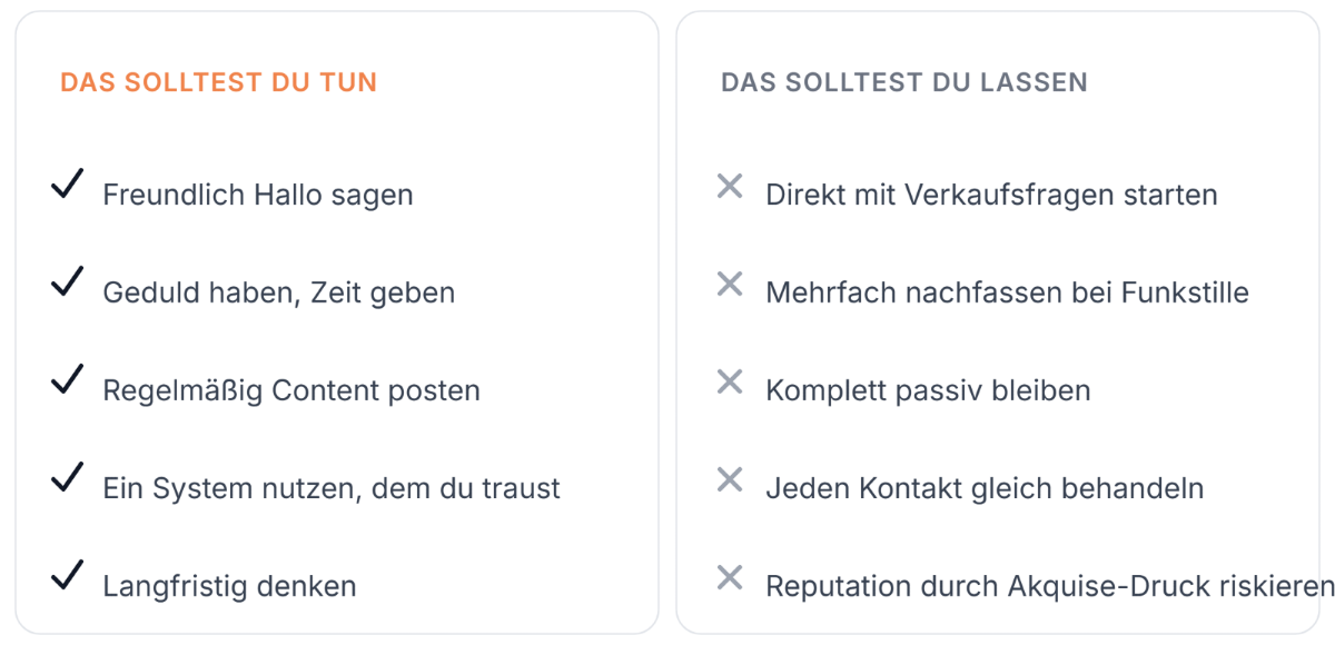 Liste von positiven und negativen Verhaltensweisen auf LinkedIn zur Vermeidung von Fehlern.