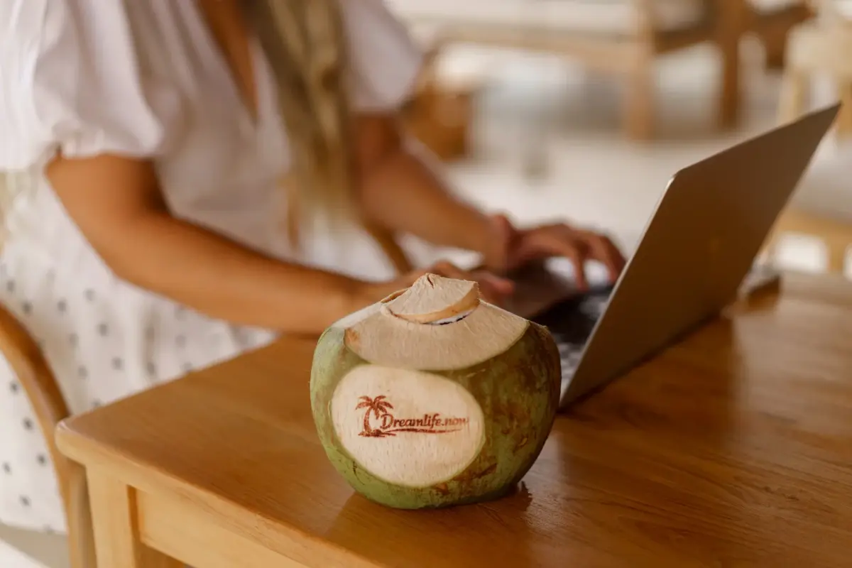 Eine Person arbeitet am Laptop, während eine Kokosnuss auf dem Tisch steht.
