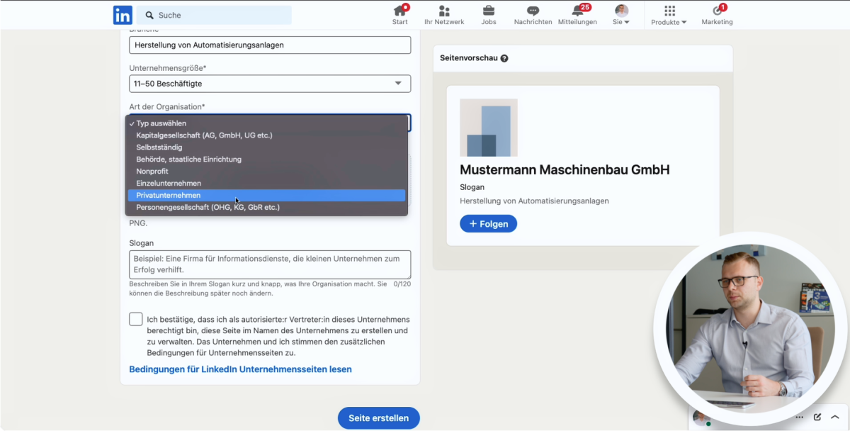 Eingabe der Unternehmensdaten bei LinkedIn