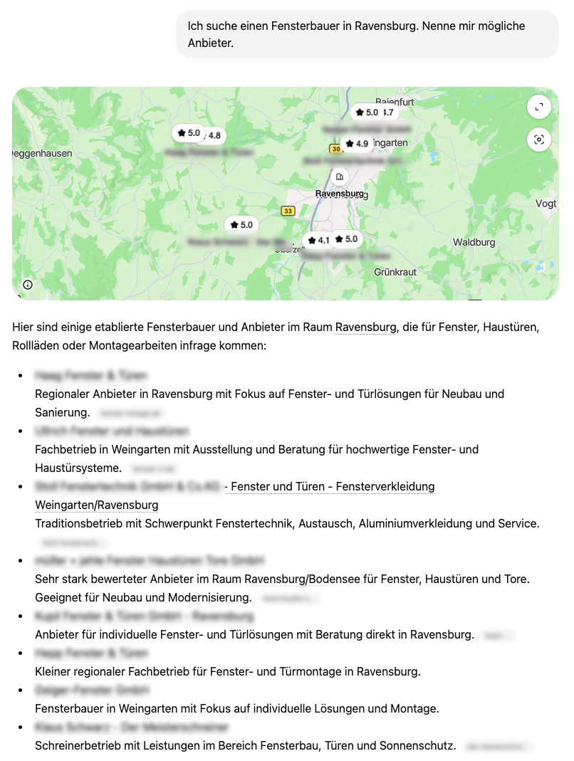 Beispielhafte Suchanfrage nach einem Fensterbauer in Ravensburg. Allerlei Anbieter werden hier genannt. Das Ziel für Unternehmer ist, in ihrer Branche, für ihre spezifische Suchanfragen ganz oben genannt zu werden.