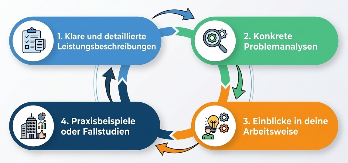 Klare Leistungsbeschreibungen führen zu Problemanalysen, diese führen zu detaillierten Einblicken in Arbeitsweisen, woraus Fallstudien final entstehen.