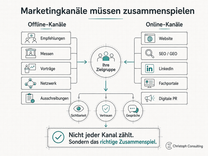 Infografik zu Marketingkanälen für Ingenieurbüros, die das richtige Zusammenspiel zeigt.