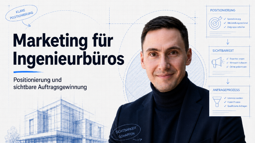 Infografik zum Thema Marketing für Ingenieurbüros mit Fokus auf Sichtbarkeit.