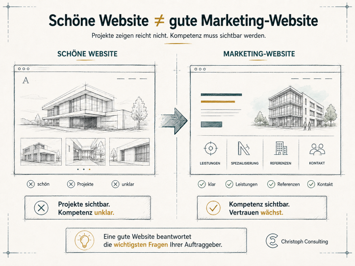 Vergleich zwischen schöner Website und Marketing-Website für Architekten.