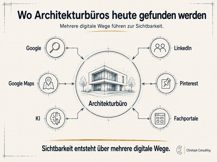 Das Diagramm zeigt, wie Architekturbüros online gefunden werden, inklusive Google, LinkedIn und KI.