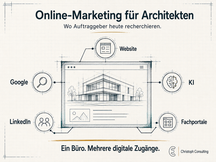 Grafik zu Online-Marketing für Architekten mit digitaler Recherche über Website, Google, KI, LinkedIn und Fachportale.